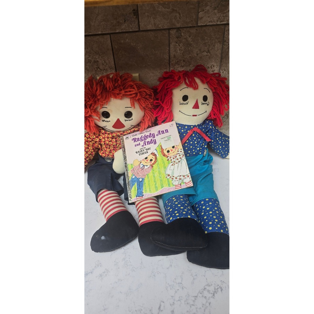 Vintage Raggedy Ann and Andy Plush Dolls with Little Golden Book Set